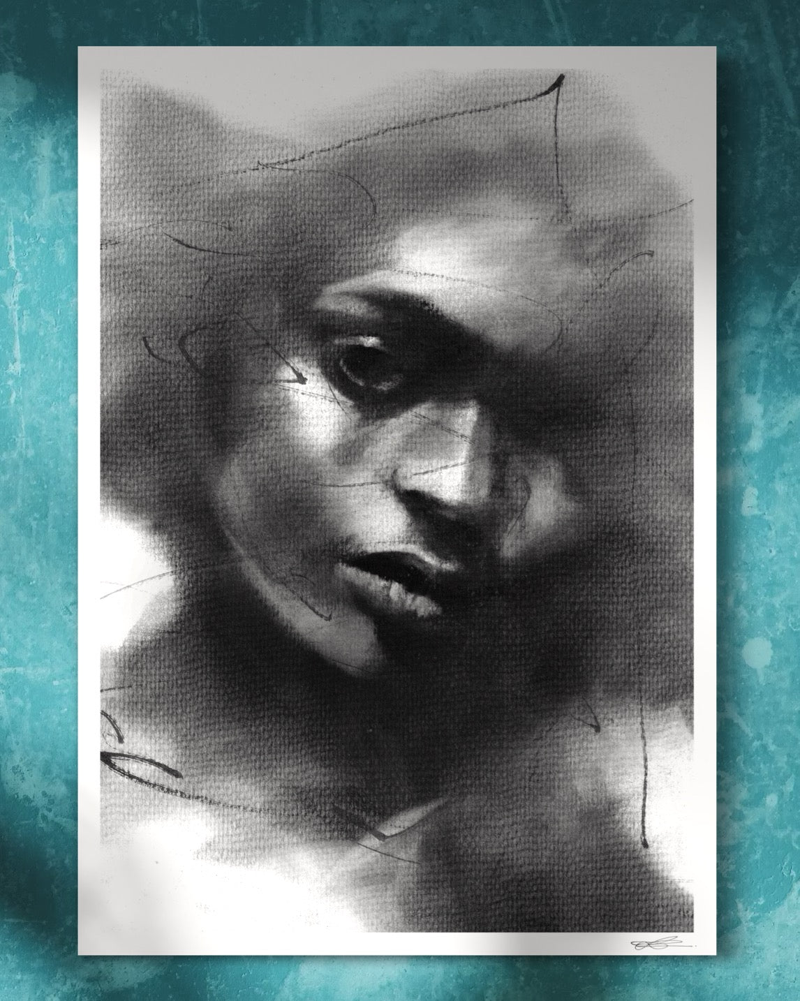 Art print of a charcoal drawing portraying a black woman in a contemplative pose