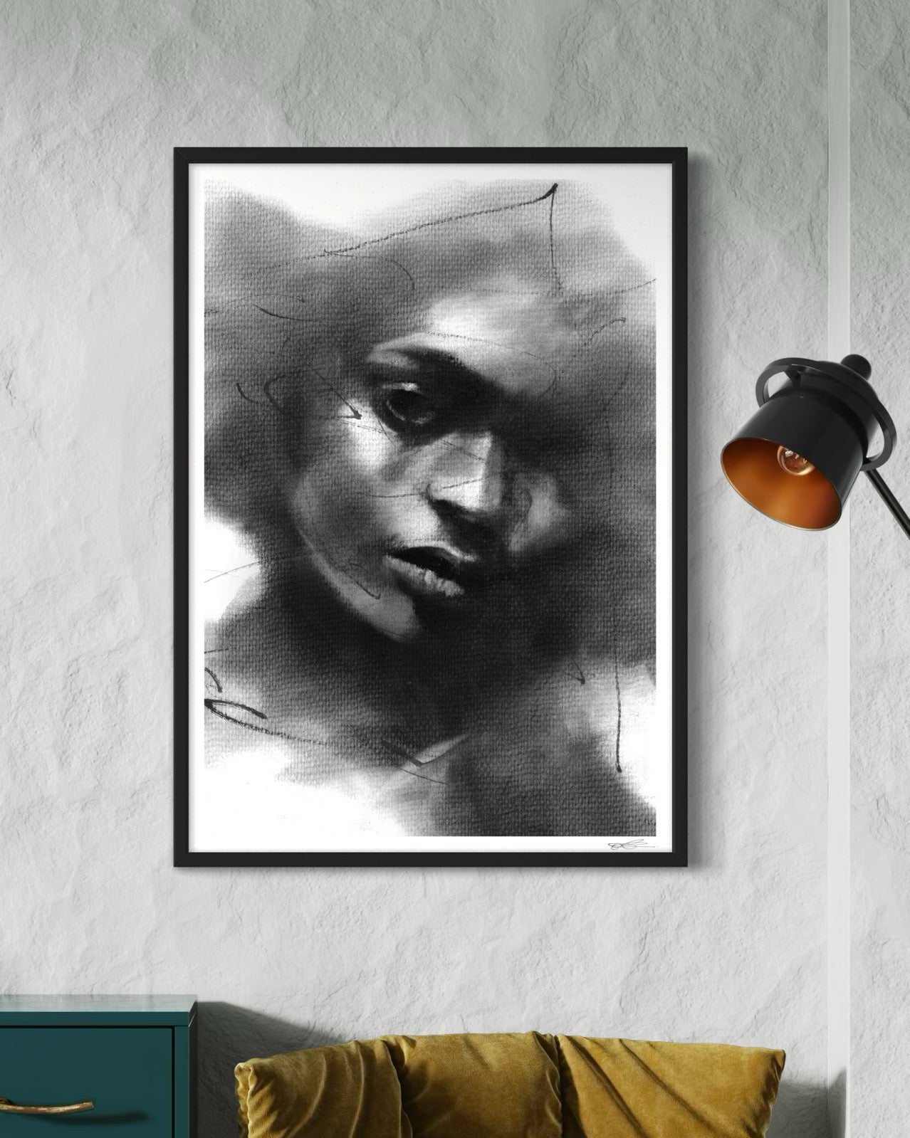 A1 framed art print of a charcoal drawing portraying a black woman in a contemplative pose