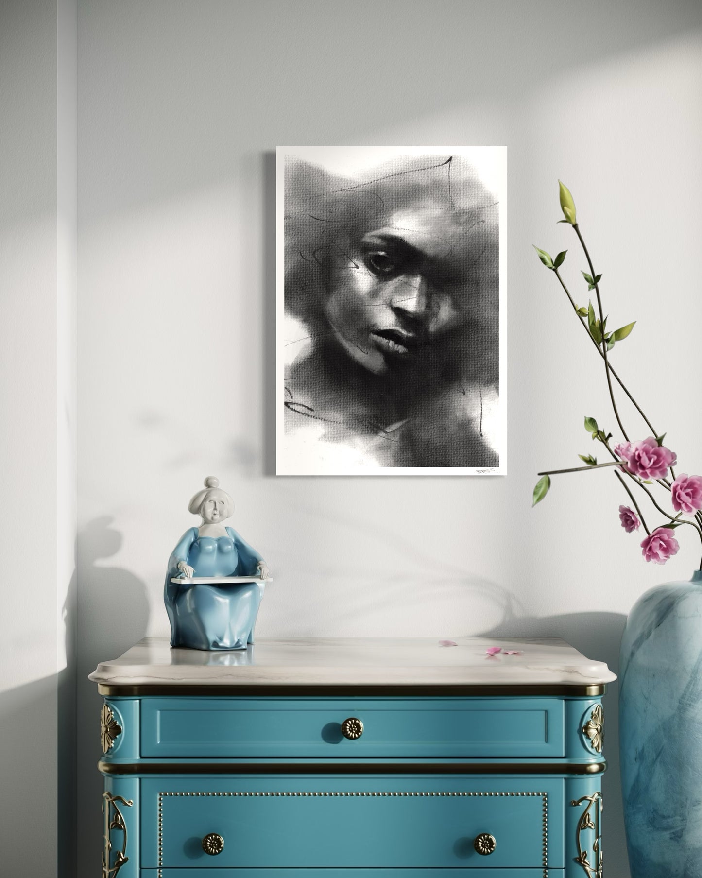 A2 art print of a charcoal drawing portraying a black woman in a contemplative pose