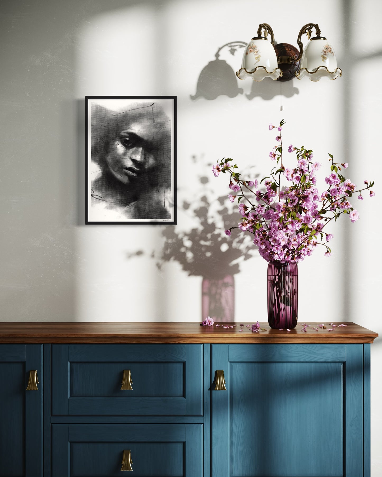 A3 framed art print of a charcoal drawing portraying a black woman in a contemplative pose