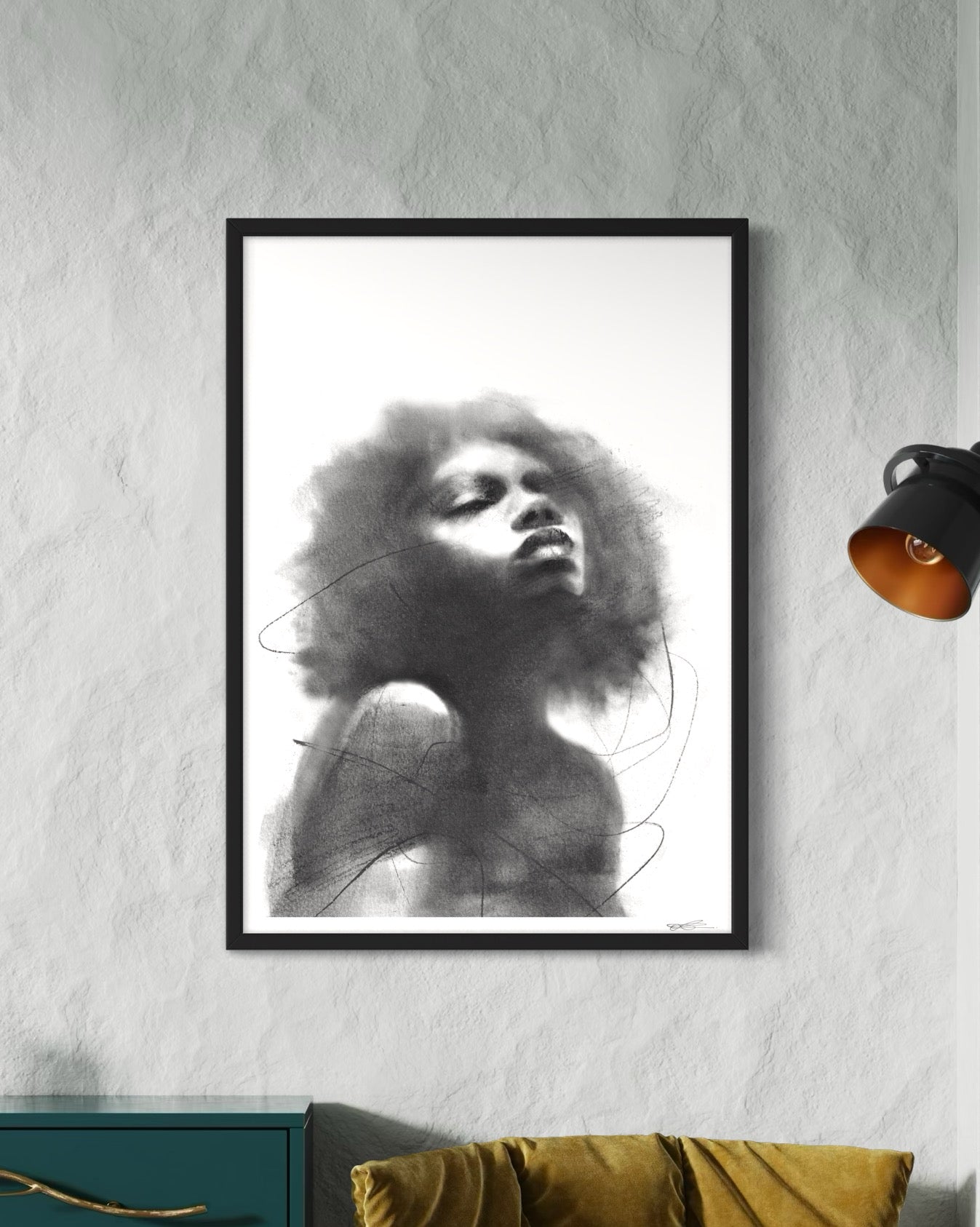 A1 framed art print of portraying black woman in a peaceful pose, looking up, light and ethereal vibe