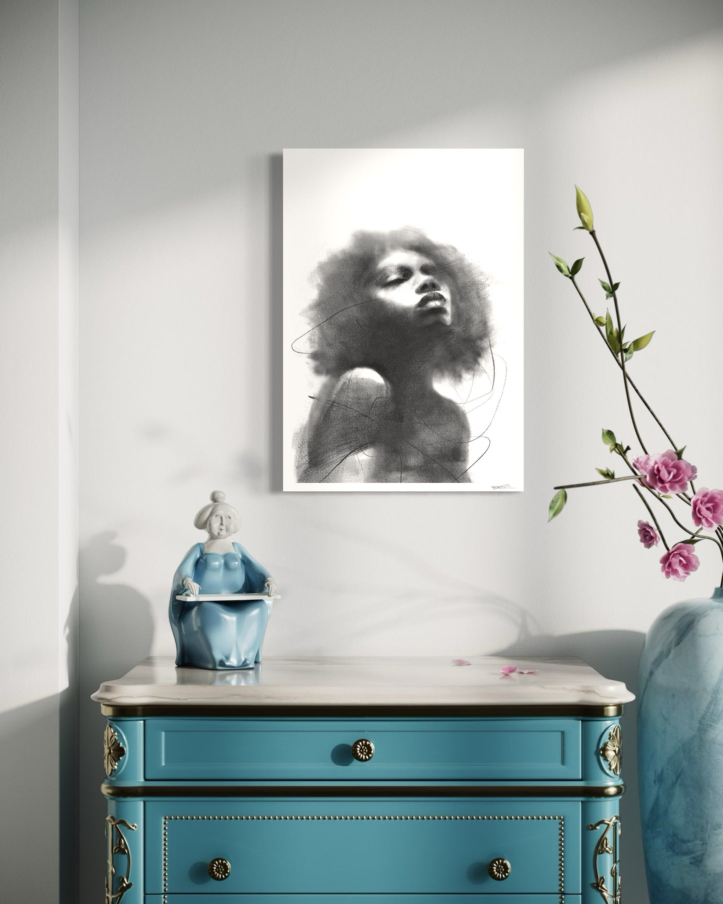 A2 art print of portraying black woman in a peaceful pose, looking up, light and ethereal vibe