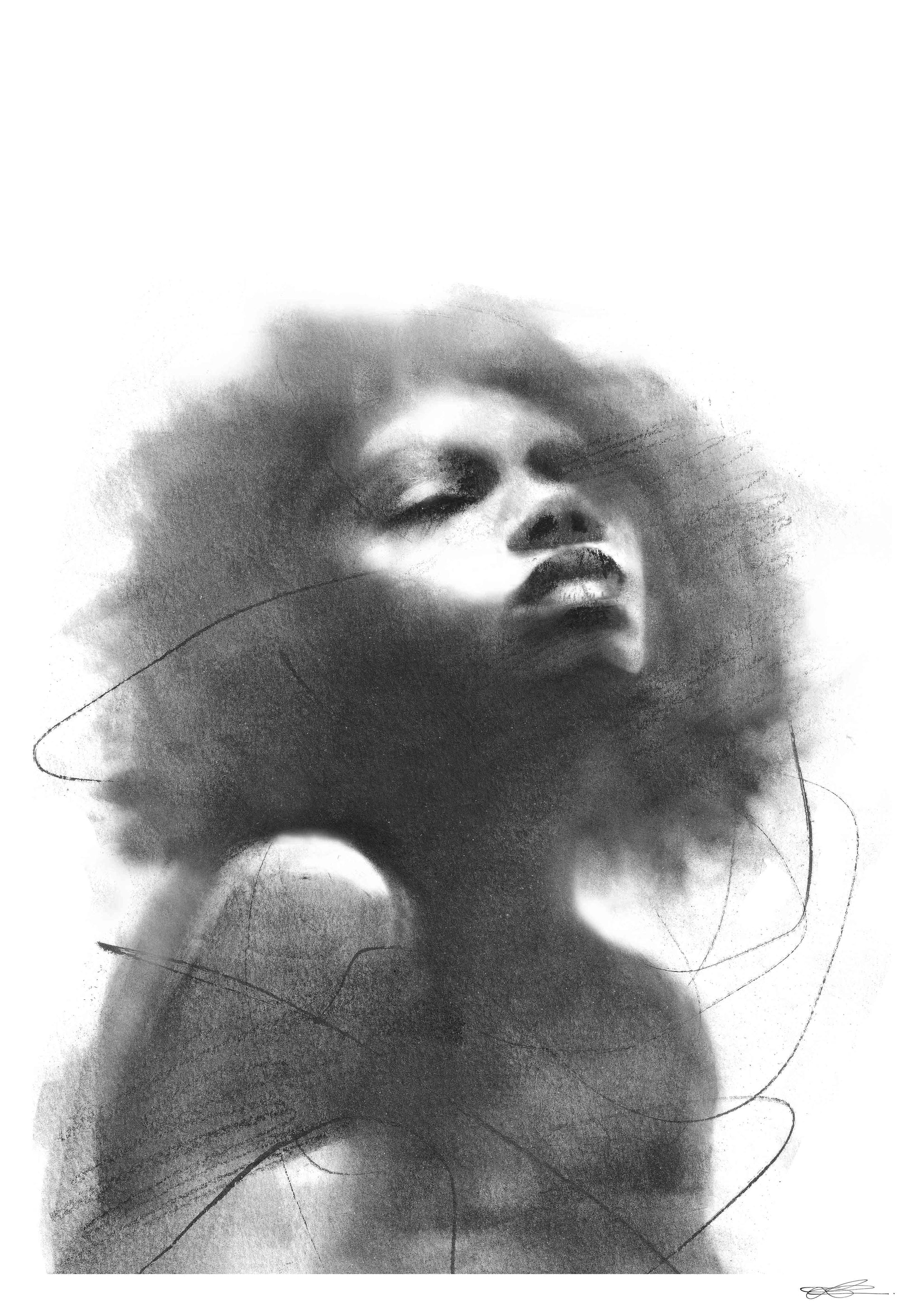 Art print of portraying a black woman in a peaceful pose, looking up, light and ethereal vibe