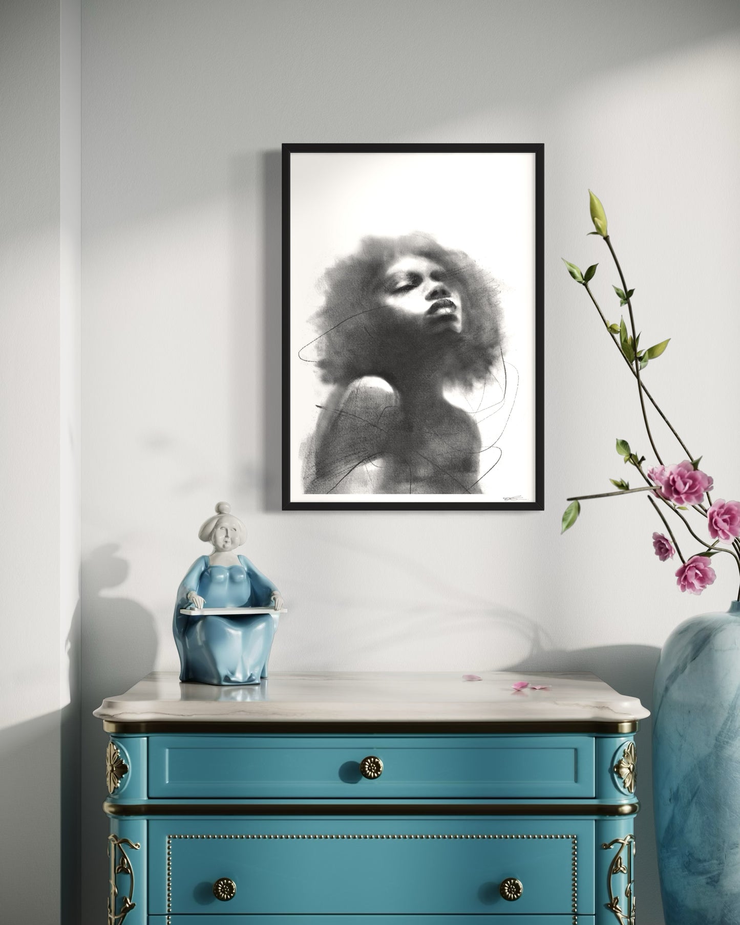 A2 framed art print of portraying black woman in a peaceful pose, looking up, light and ethereal vibe