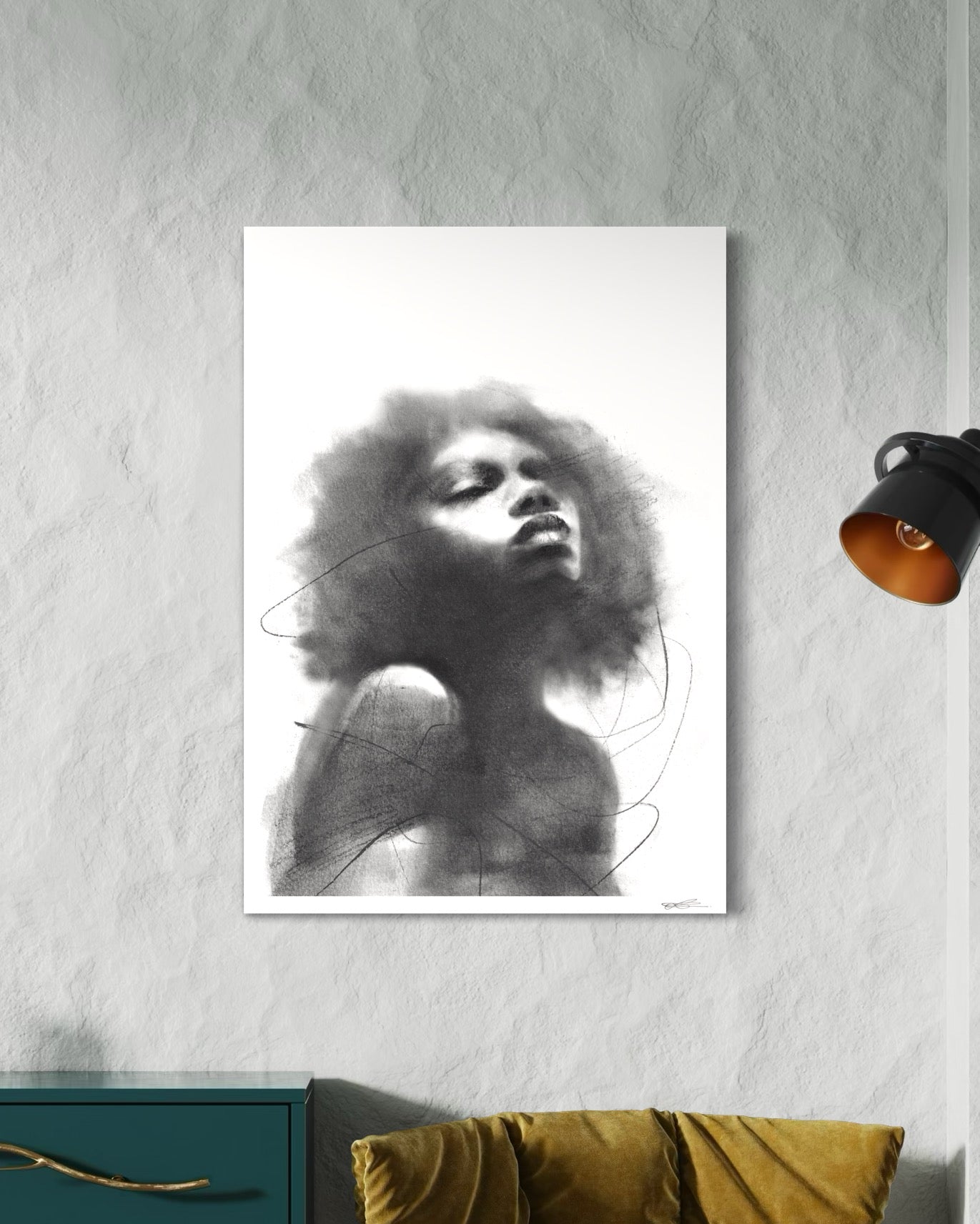 A1 art print of portraying black woman in a peaceful pose, looking up, light and ethereal vibe