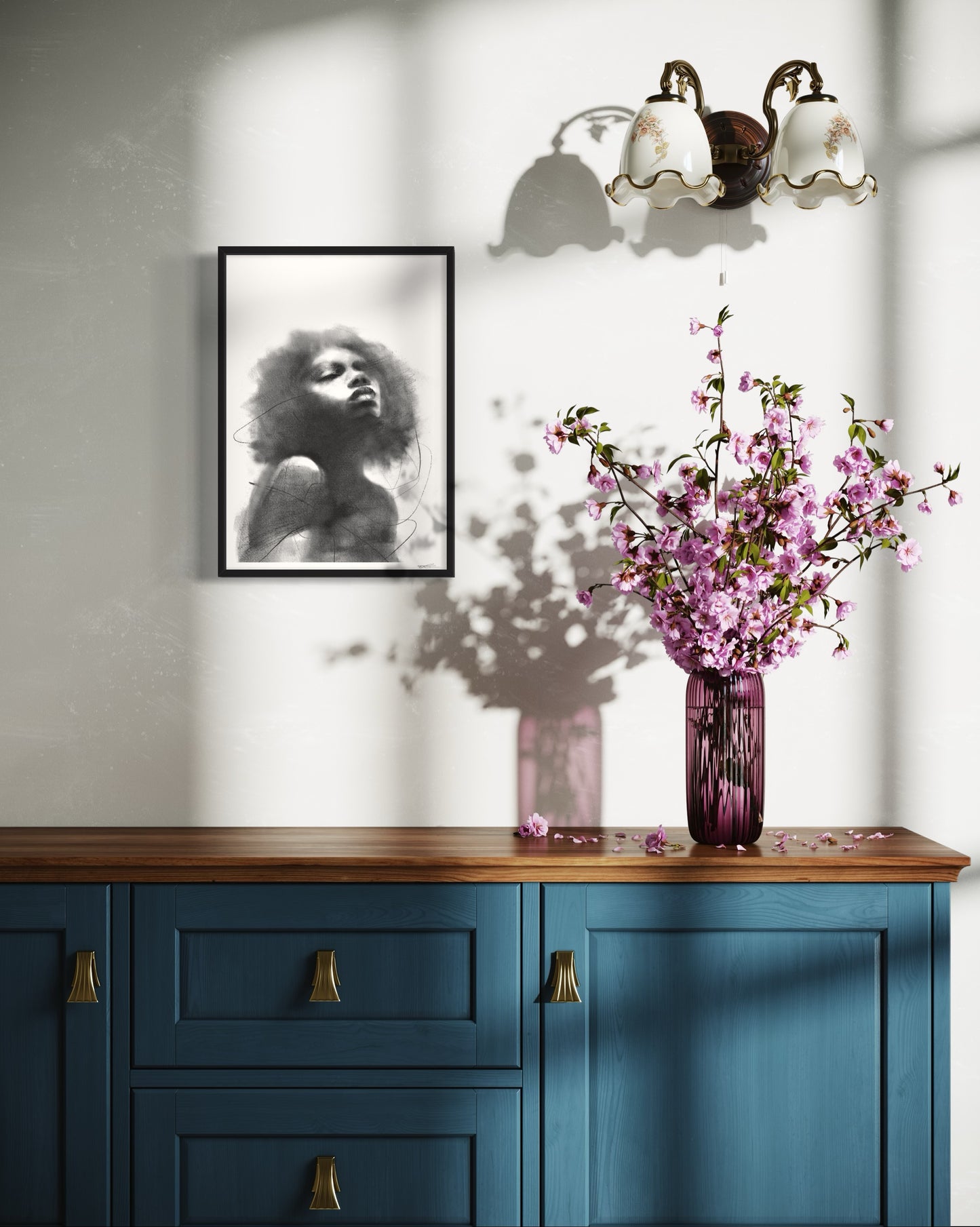 A2 framed Art print of portraying black woman in a peaceful pose, looking up, light and ethereal vibe