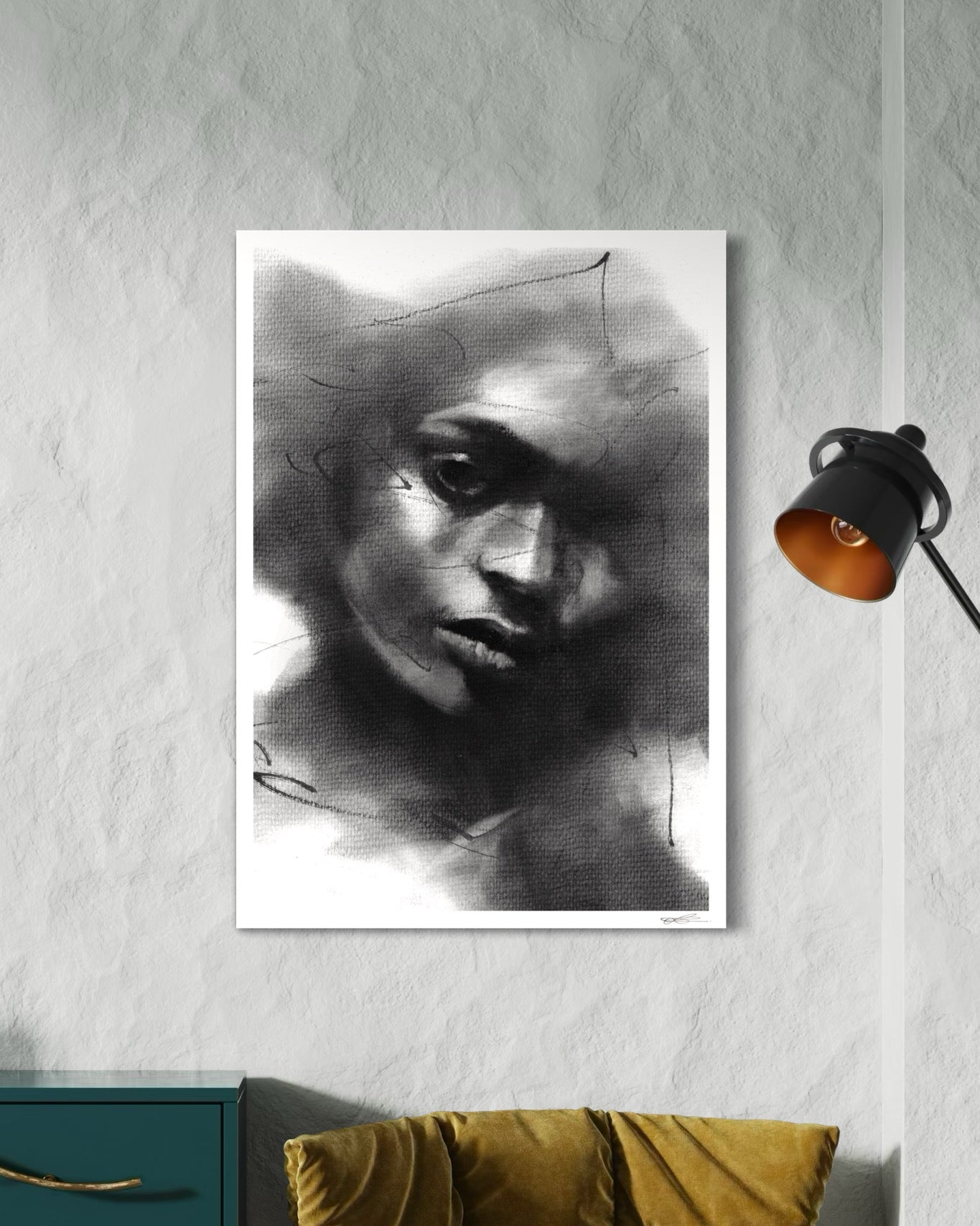 A1 art print of a charcoal drawing portraying a black woman in a contemplative pose 