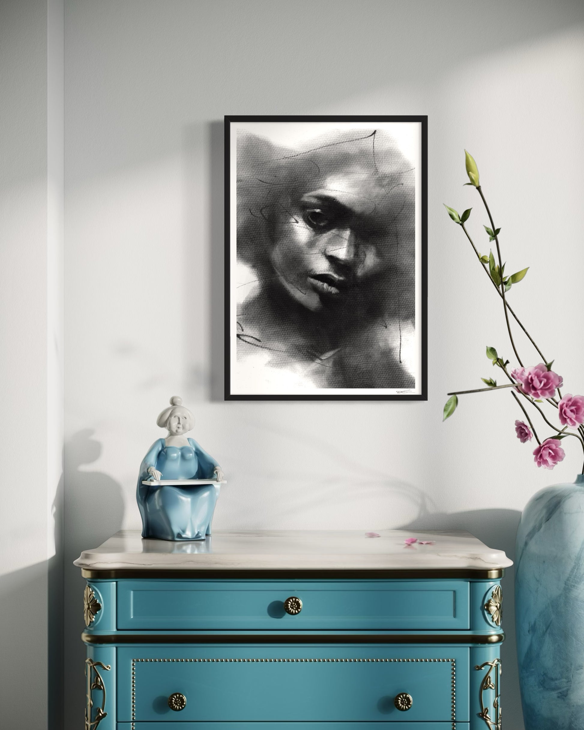 A2 framed art print of a charcoal drawing portraying a black woman in a contemplative pose 