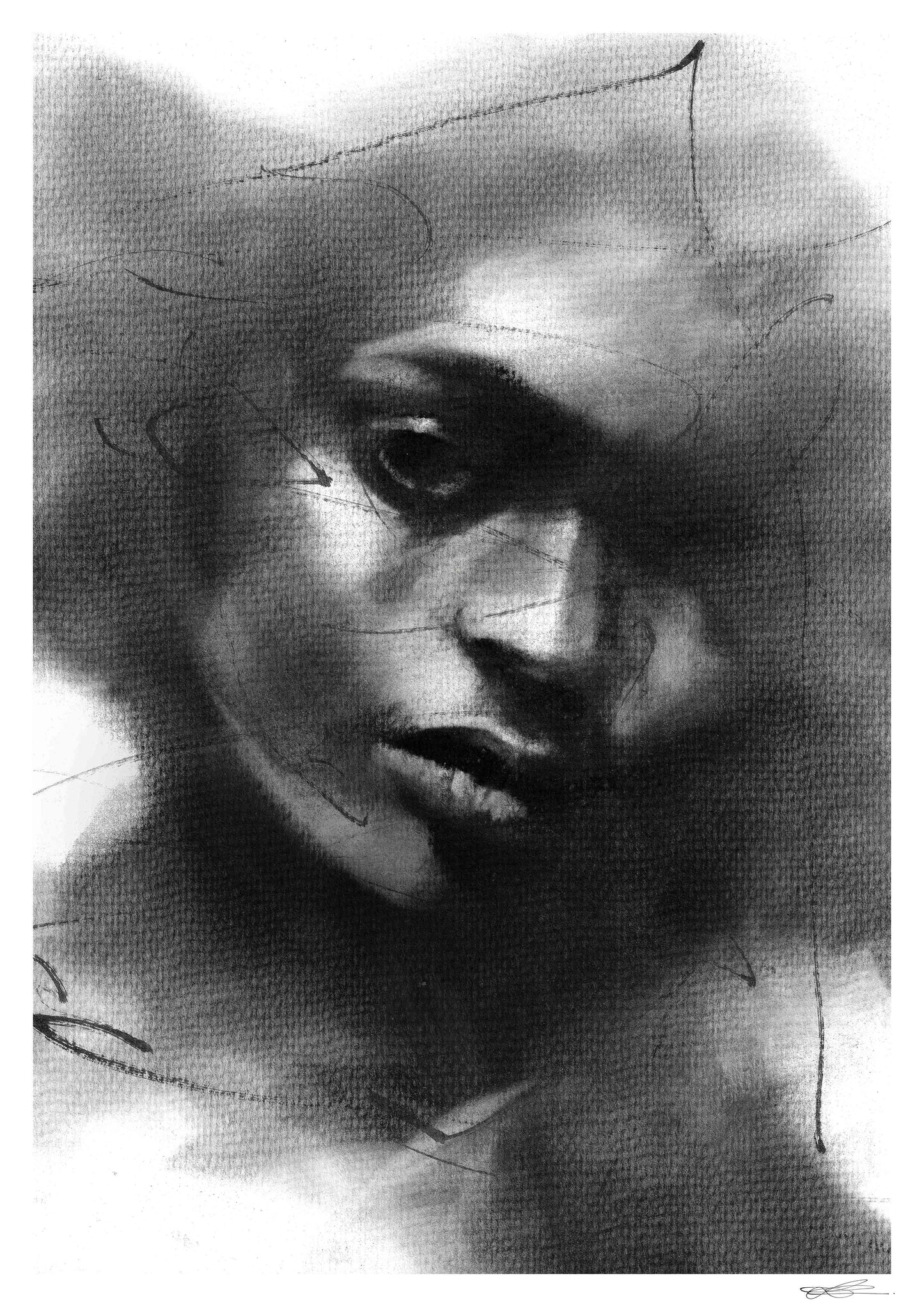 Art print of a charcoal drawing portraying a black woman in a contemplative pose 